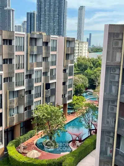 Luxurious urban apartment complex with stunning pool and lush greenery, offering a serene oasis amidst city skyscrapers.