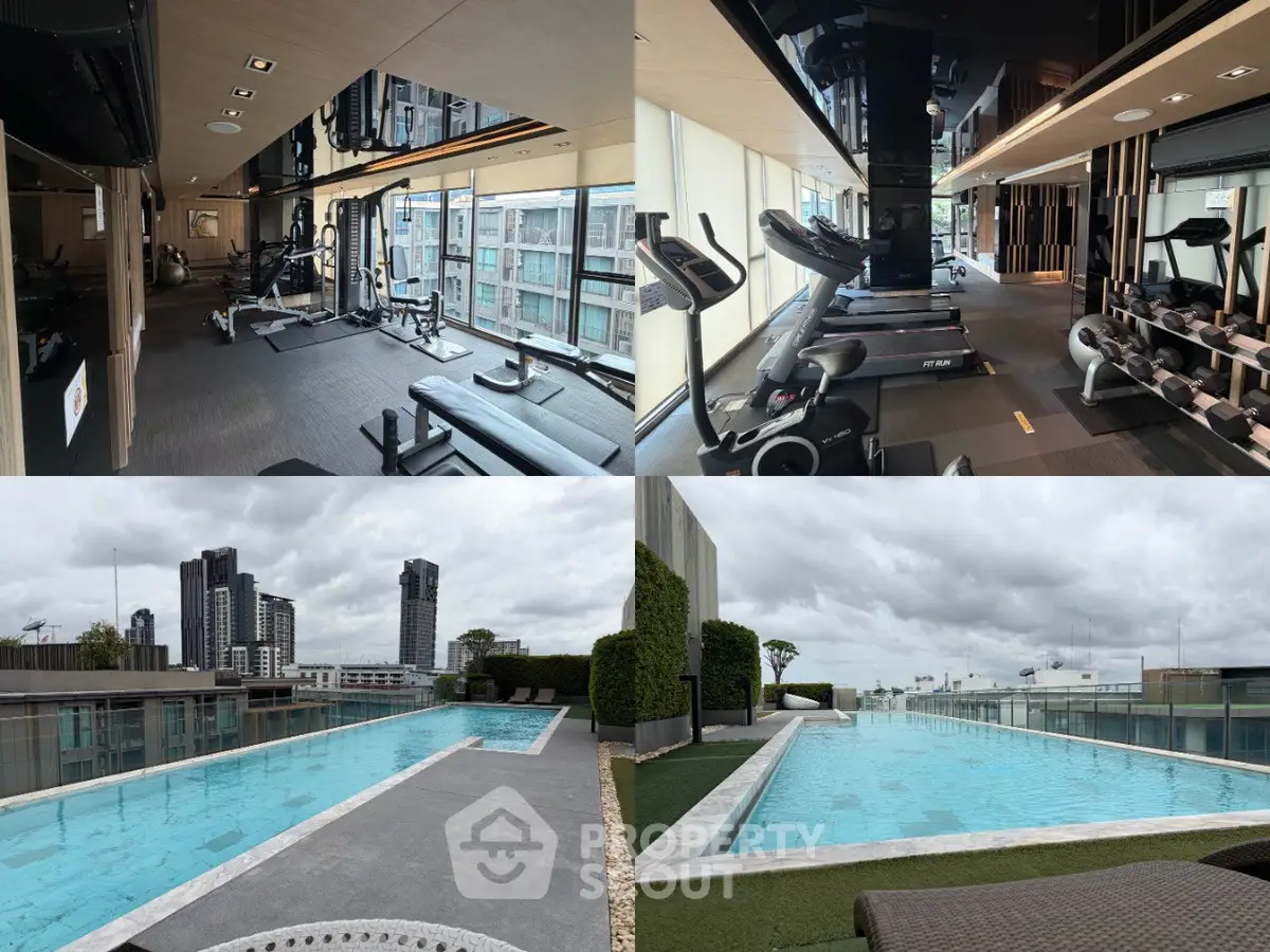 Luxurious gym and rooftop pool with stunning city views in modern high-rise building.