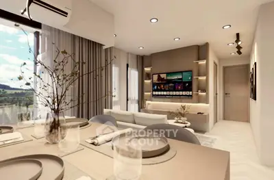 Modern living room with elegant decor and scenic view, featuring a stylish entertainment center and dining area.