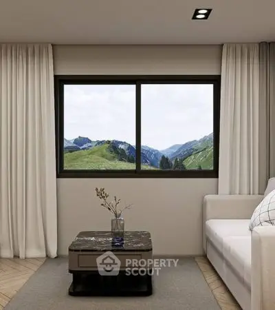 Modern living room with mountain view through large window