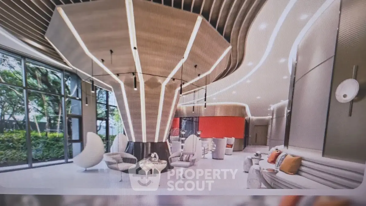 Luxurious modern living room with unique ceiling design and stylish furniture