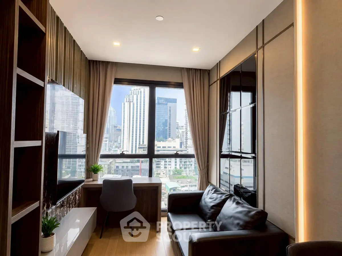 Modern living room with city view, sleek furniture, and large windows in urban apartment.