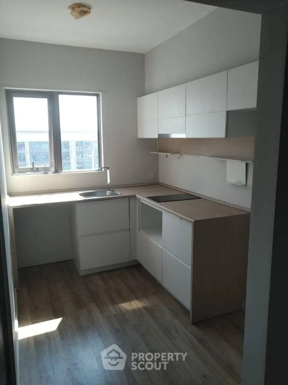 Modern compact kitchen with sleek cabinetry and natural light