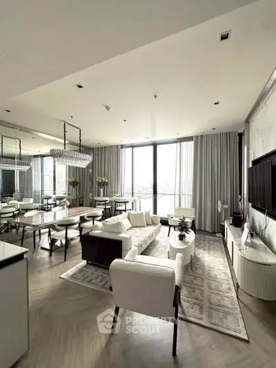 Luxurious modern living room with elegant decor and panoramic city views