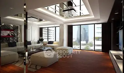 Luxurious modern living room with city view and elegant decor