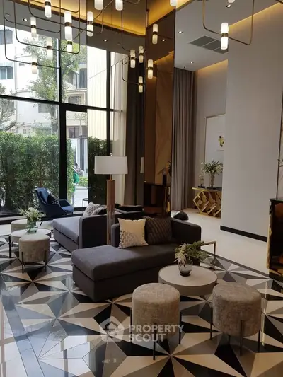 Luxurious modern living room with high ceilings and elegant decor