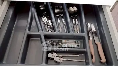 Modern kitchen drawer with organized cutlery and utensils