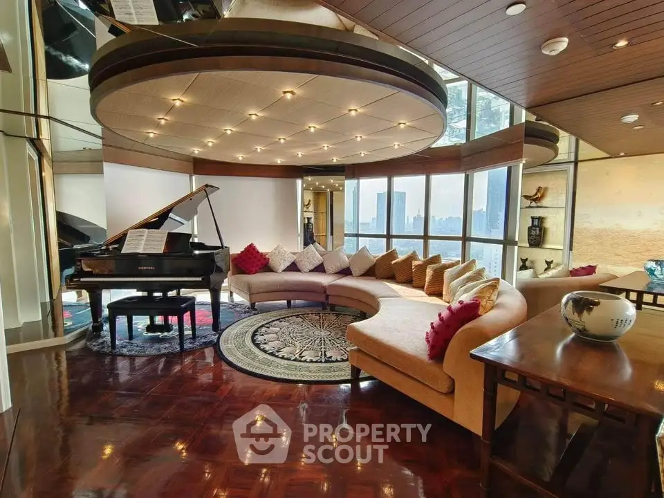 Luxurious living room with grand piano and panoramic city views