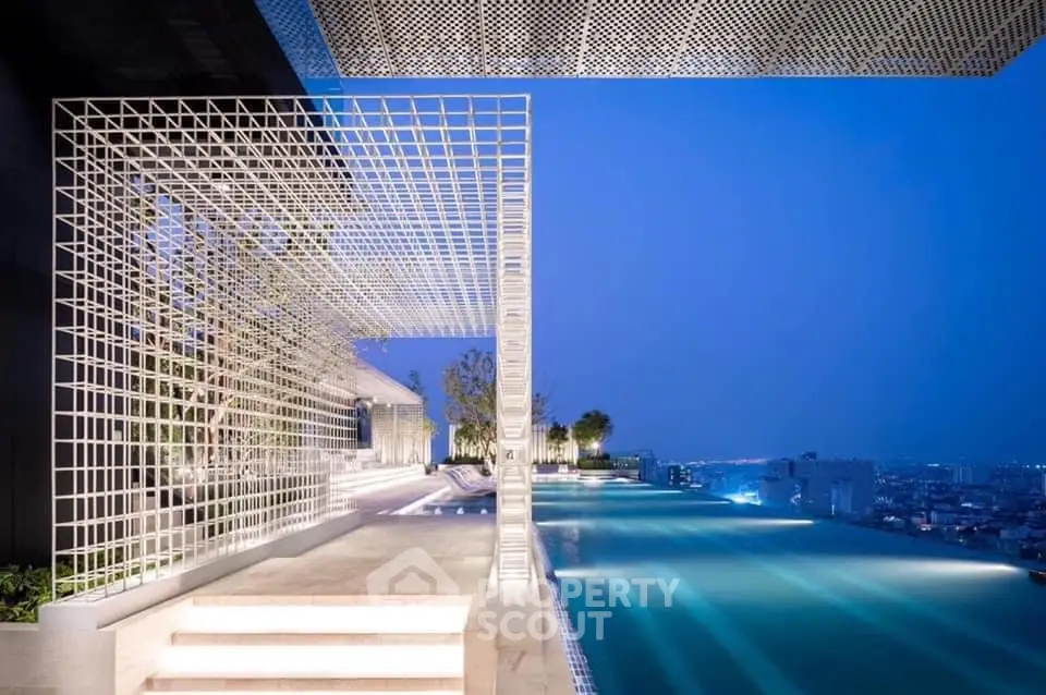 Luxurious rooftop infinity pool with stunning city view at dusk, modern architectural design.