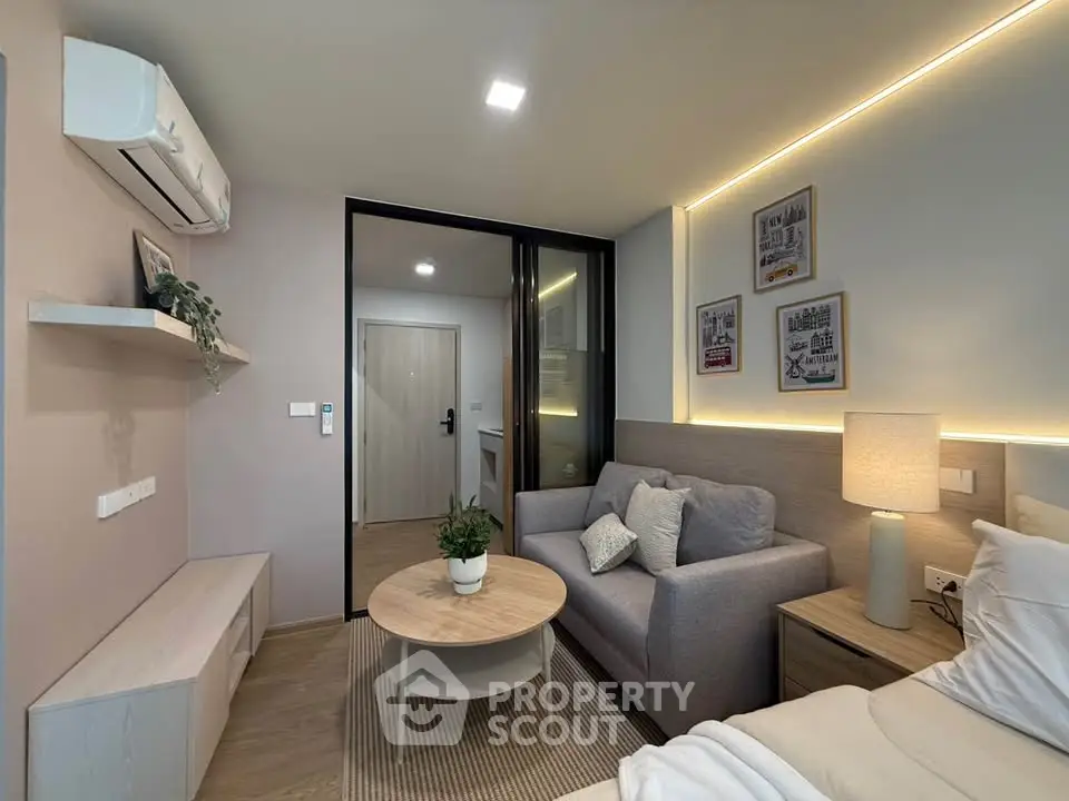 Modern cozy living room with stylish decor and ambient lighting