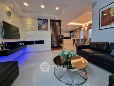 Luxurious modern living room with sleek design and ambient lighting