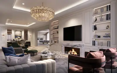 Luxurious living room with elegant chandelier and cozy fireplace in a sophisticated open layout.