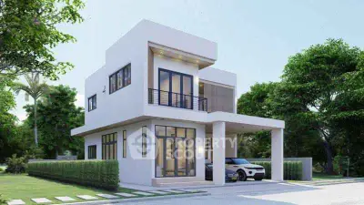 Modern two-story house with sleek design and lush greenery