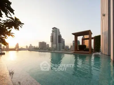 Luxurious rooftop pool with stunning city skyline view at sunset.