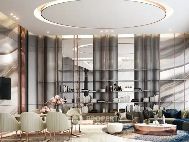 Luxurious modern living room with elegant decor and spacious seating area.