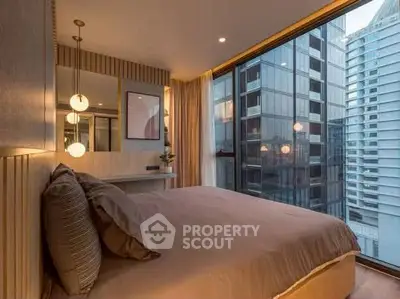 Luxurious bedroom with stunning city view and modern decor