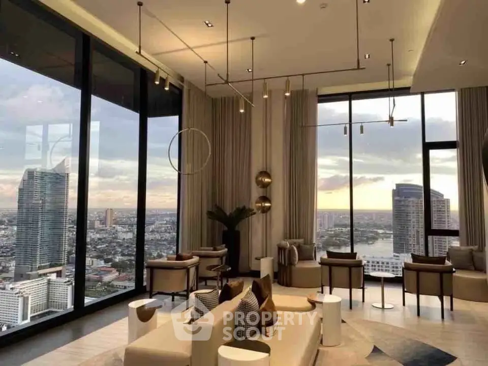 Luxurious high-rise living room with stunning cityscape views and modern decor.