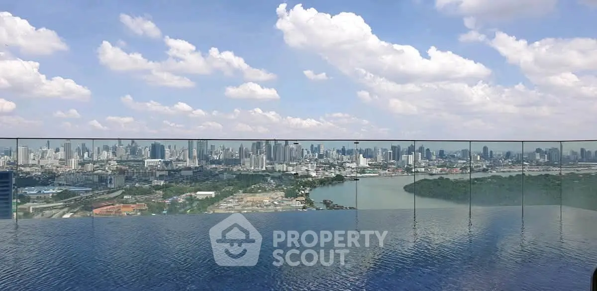 Stunning rooftop infinity pool with panoramic city skyline view under a clear blue sky.