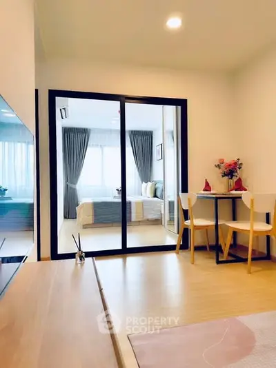 Modern apartment interior with cozy bedroom and stylish dining area