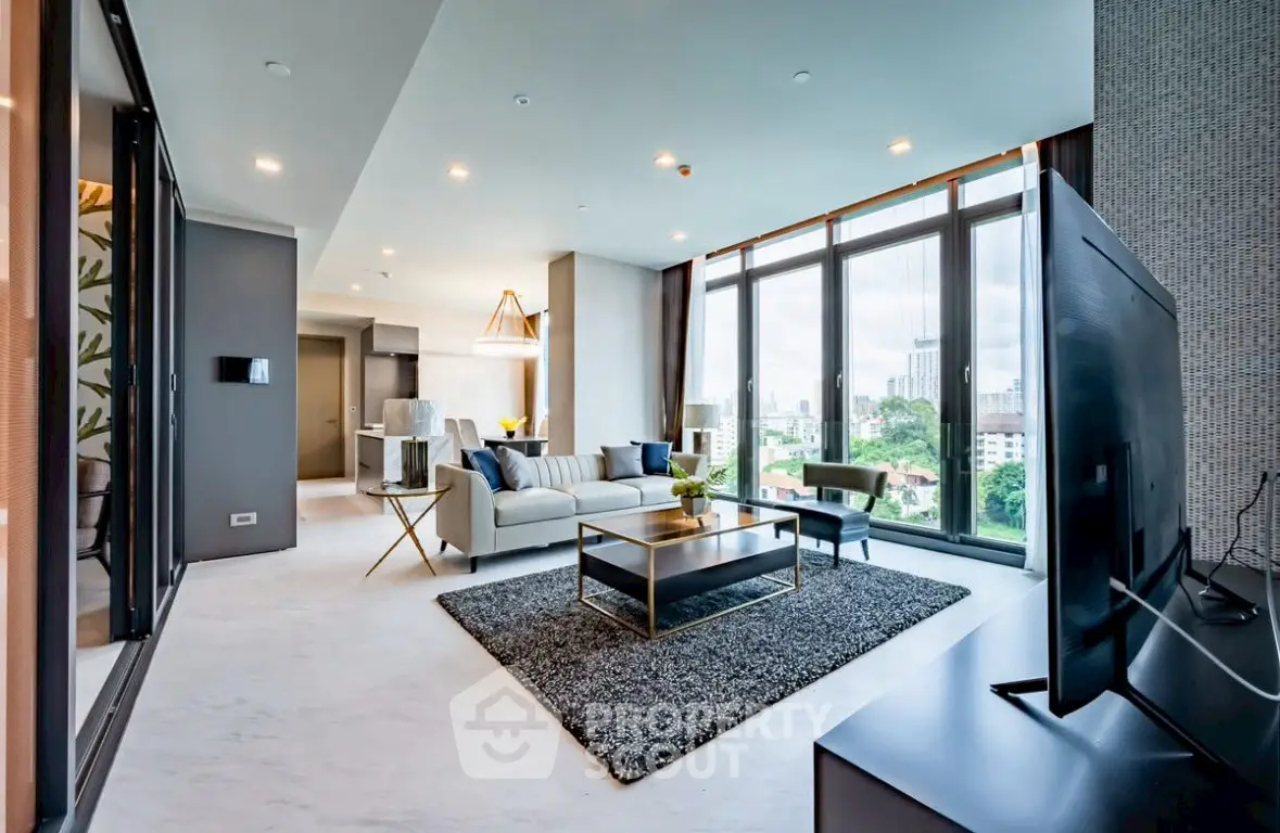 Luxurious modern living room with panoramic city views and elegant decor