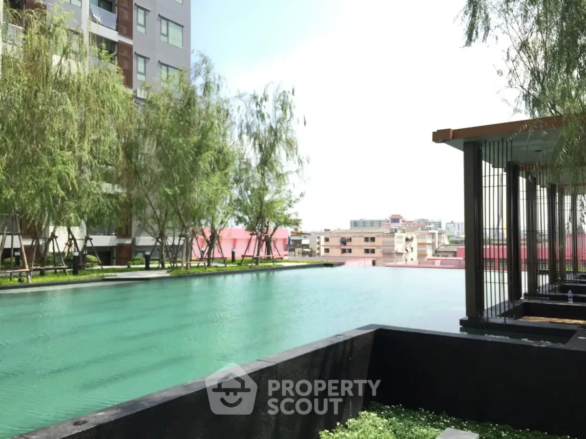 Luxurious urban apartment with stunning rooftop pool and city view.