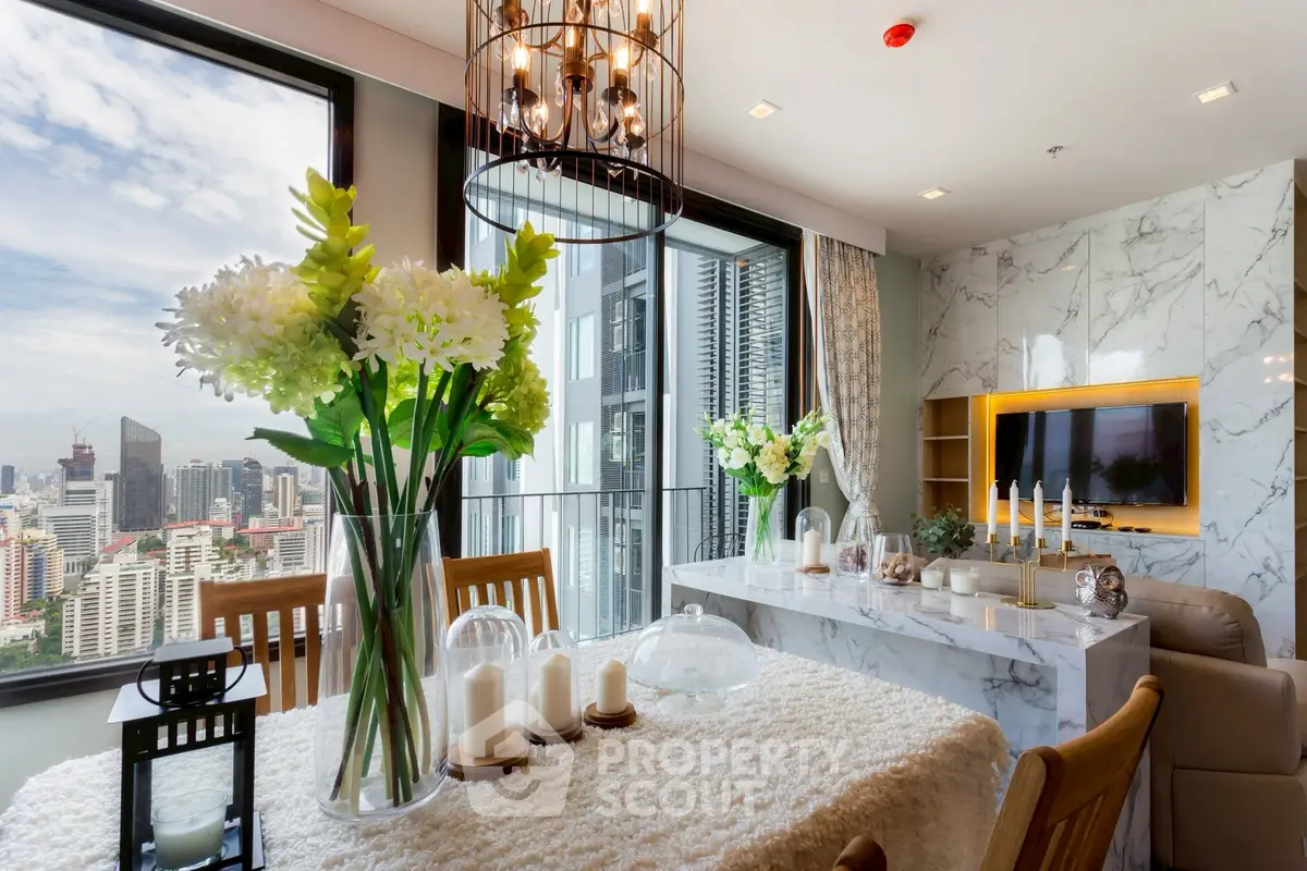 Luxurious living room with stunning city view and elegant decor