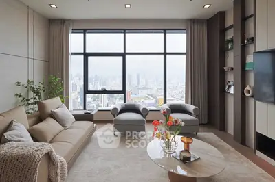 Luxurious living room with panoramic city view, elegant decor, and modern furniture in high-rise apartment.