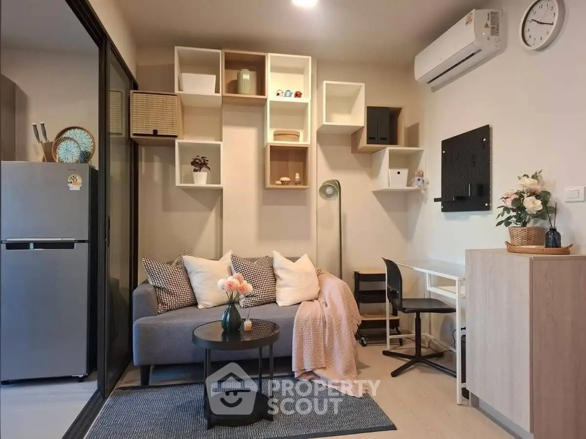 Modern living room with stylish shelving and cozy decor