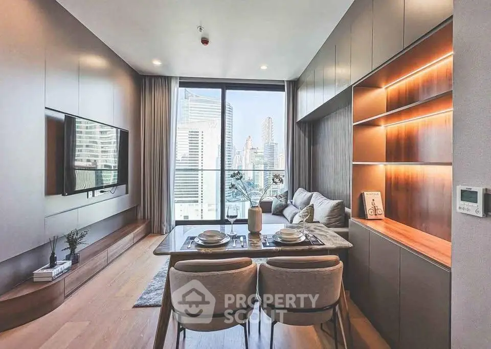 Modern living room with city view, stylish furniture, and built-in shelving in a high-rise apartment.