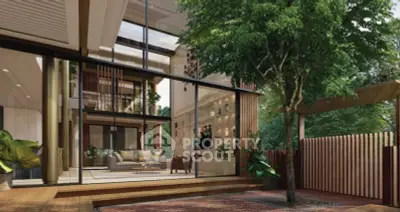 Luxurious modern home with expansive glass walls and lush greenery, offering a seamless indoor-outdoor living experience.