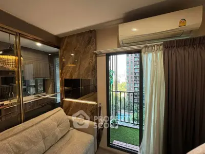 Modern living room with balcony view in a stylish apartment