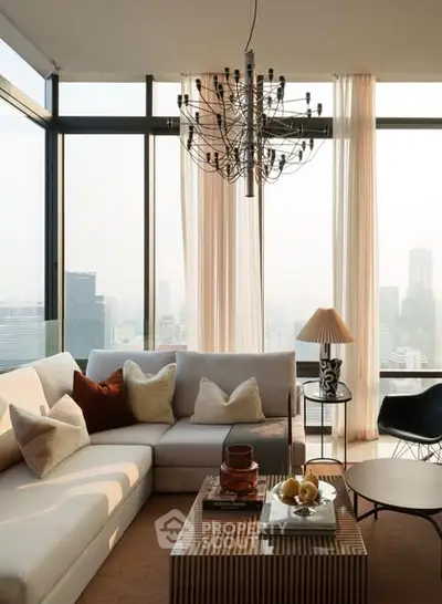Luxurious living room with panoramic city views and elegant decor