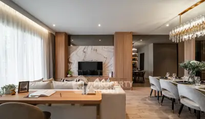 Luxurious modern living room with elegant dining area and stylish decor