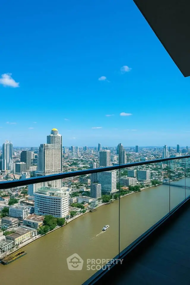 Stunning high-rise balcony view overlooking city skyline and river, perfect for urban living.