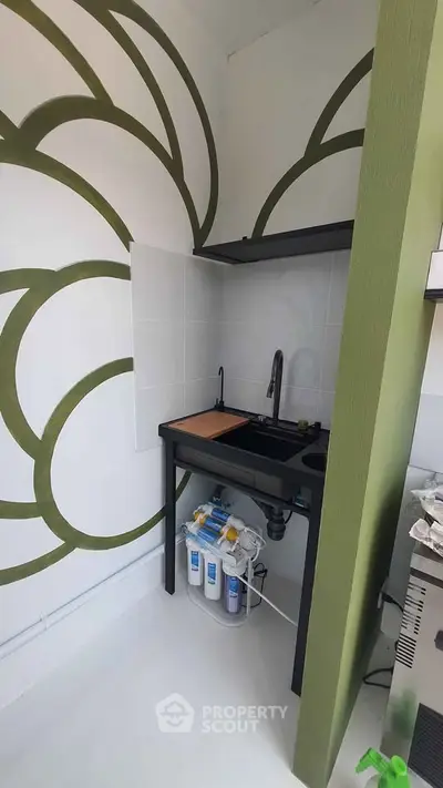 Compact kitchen corner with modern sink and water filtration system, featuring stylish green wall design.