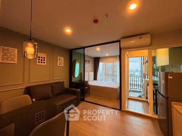 Modern apartment interior with cozy living room and bedroom, featuring stylish decor and city view.