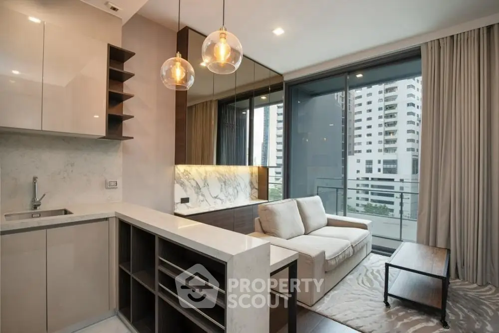 Modern living room with open kitchen and city view balcony