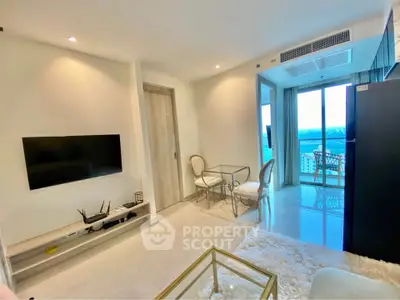 Modern living room with elegant decor and stunning balcony view