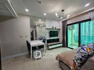 Modern living room with balcony view in a stylish apartment