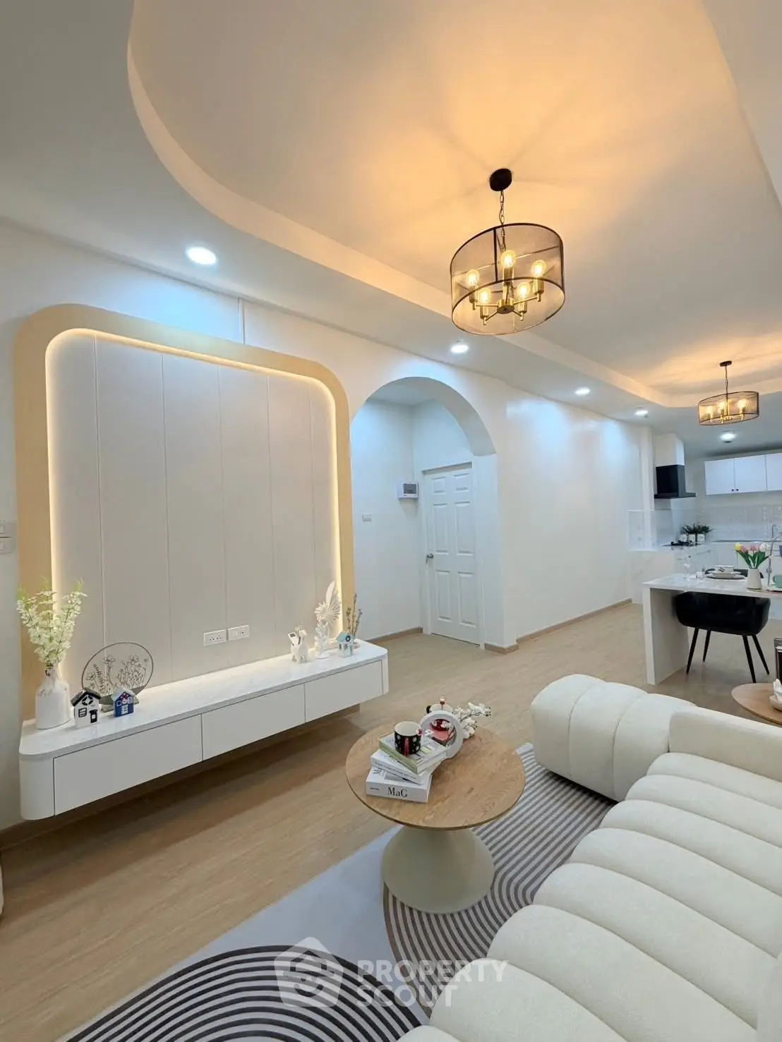 Modern living room with elegant lighting and stylish furniture