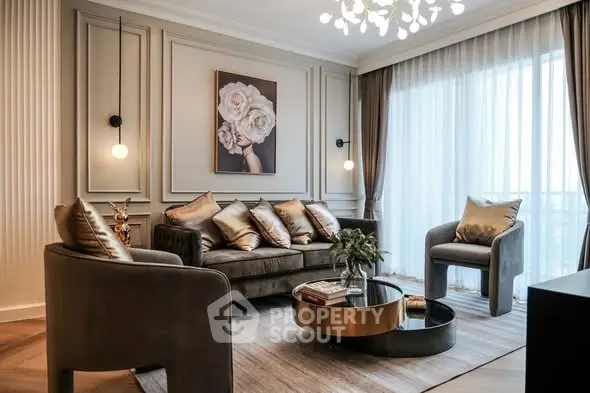 Luxurious living room with elegant decor and plush seating in modern apartment.