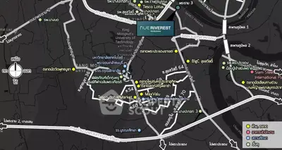 Map highlighting Nue Riverest condominium location and nearby amenities in Bangkok.