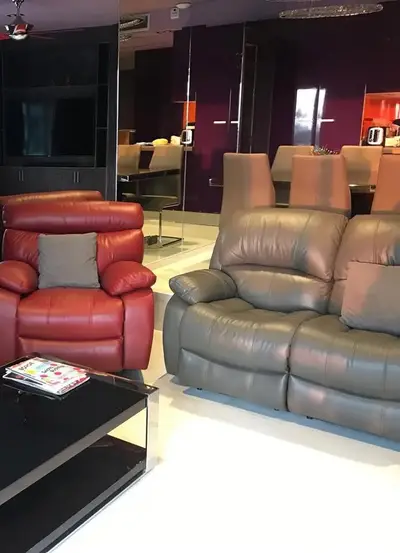 Luxurious living room with plush leather sofas and modern decor