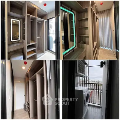 Modern walk-in closet with ample storage and balcony view, featuring sleek design and natural light.