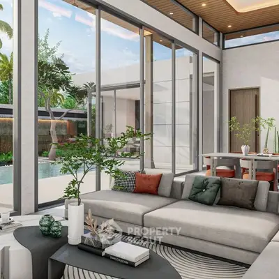 Luxurious modern living room with pool view and elegant decor