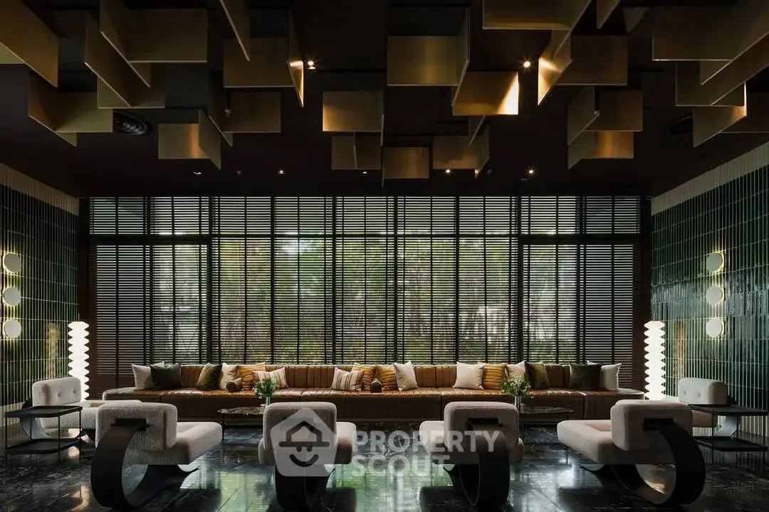 Luxurious modern living room with unique ceiling design and stylish furniture
