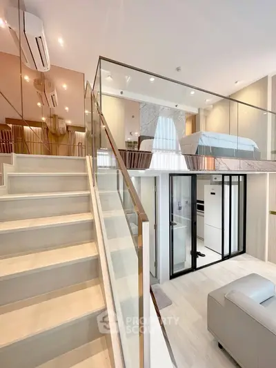 Luxurious modern loft with glass railings and elegant interior design, featuring a spacious living area and stylish bedroom.