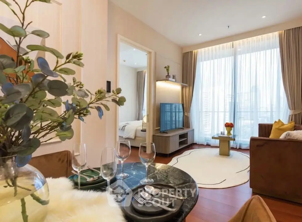 Luxurious living room with elegant decor and city view, featuring modern furniture and stylish dining setup.