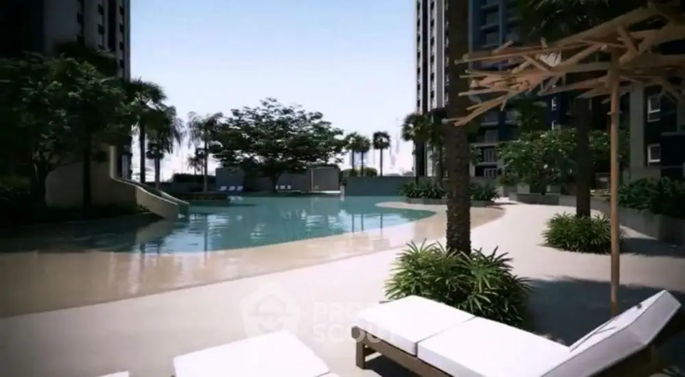 Luxurious poolside view in modern residential complex with sun loungers and lush greenery.