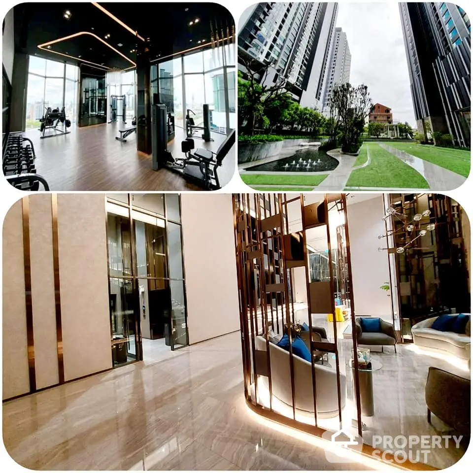 Luxurious modern apartment complex with gym, elegant lobby, and stunning exterior view.